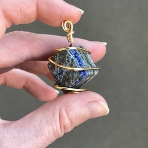 Lapis Lazuli Cubic Cut Gold Tone Wire Wrap Pendant